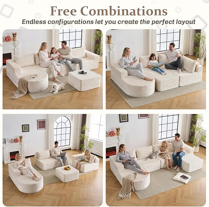 132” Boneless Couches for Living Room, L-Shaped Modular Sectional Sofa with Chaise & Ottoman, Modern Corduroy Cloud Couch with Deep Seat, Comfy Sponge Compression Convertible Sofas