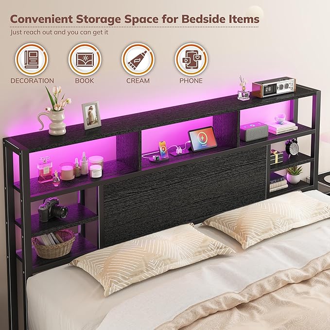 Homkdom King Size Bed Frame with Storage Headboard, LED Lights & Charging Station Heavy Duty Metal Platform Bed for Bedrooms, 1100 LBS Capacity, No Box Spring Needed, Easy Assembly，Black