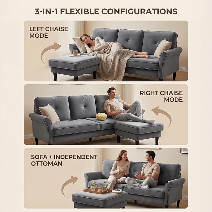 Sofas for Living Room, 83" Velvet Sectional Couch with Moveable Ottoman, Midcentury Modern Small Sectional Couch, L Shape Sofa & 2 Seater, Couches for Living Room, Apartment, Bedroom, Grey