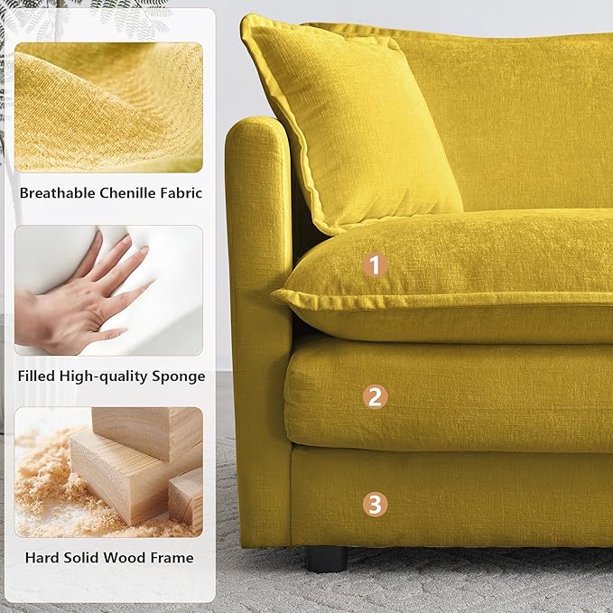 mikibama Modular Sectional Sofa, 111.5 Inch L Shaped Couch Set for Living Room, 3-Seater Comfy Cloud Couches with Movable Ottoman, DIY Combination, Chenille, Yellow