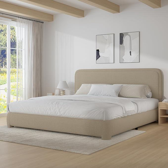 BarnFurin Boucle Upholstered Bed Frame King Size/Cloud Bed Frame/Soft Rounded Corners Headboard/Low Profile/No Box Spring Needed/Non-Slip and Noise-Free/Beige
