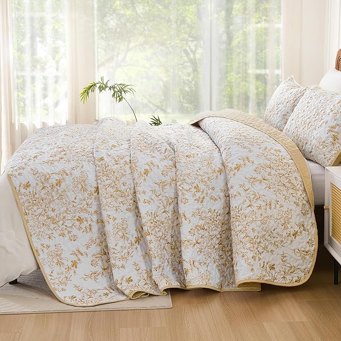 WONGS BEDDING Quilt King Size, Orange Quilt Bedding Set with 2 Pillowcases, Botanical Quilt for King Bed, Soft Microfiber Lightweight Coverlet Bedspread for All Season (110"×90", 3 Pieces)