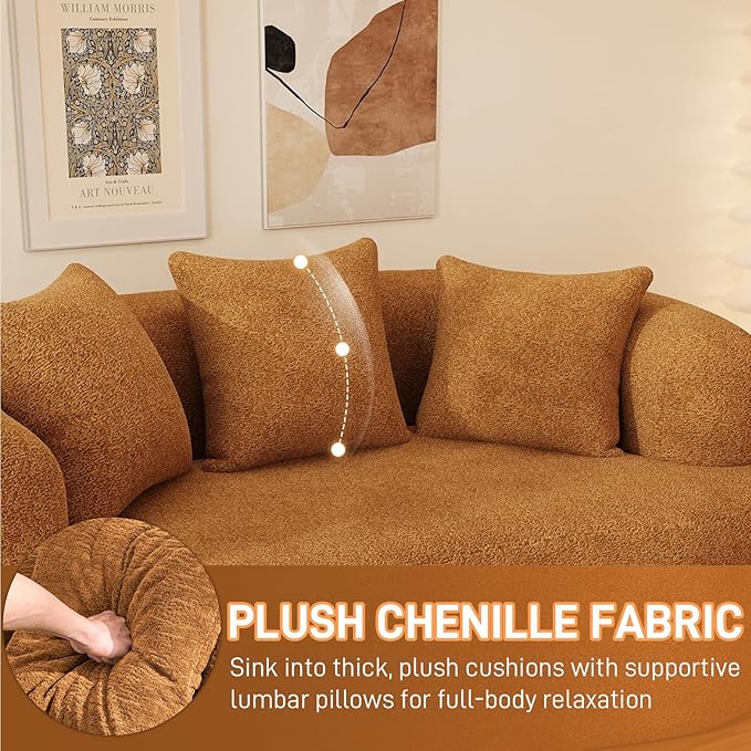 69" Curved Loveseat Sofa for Living Room, Modern Chenille Love Seat Cloud Couch, Luxury Plush Extra Deep Oversized Sofa for Small Spaces, Bedroom, Apartment‌, No Assembly Required, Orange