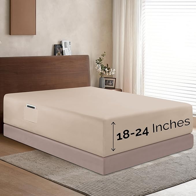 Elegant Comfort 1500 Premium Hotel Quality 18-24 Inches Deep - Extra Deep Pocket Single Fitted Sheet for High Mattress, Luxury and Softest, Smart Pocket - Wrinkle Free, California King, Cream