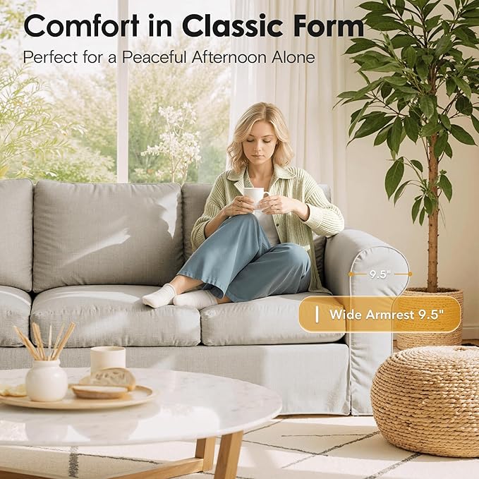 89" 3 Seater Sofa for Living Room, Deep Seated Comfy Couch High Back Suppor Removable Washable Couches, Modern Farmhouse Rolled-Arm Sofas - Grey