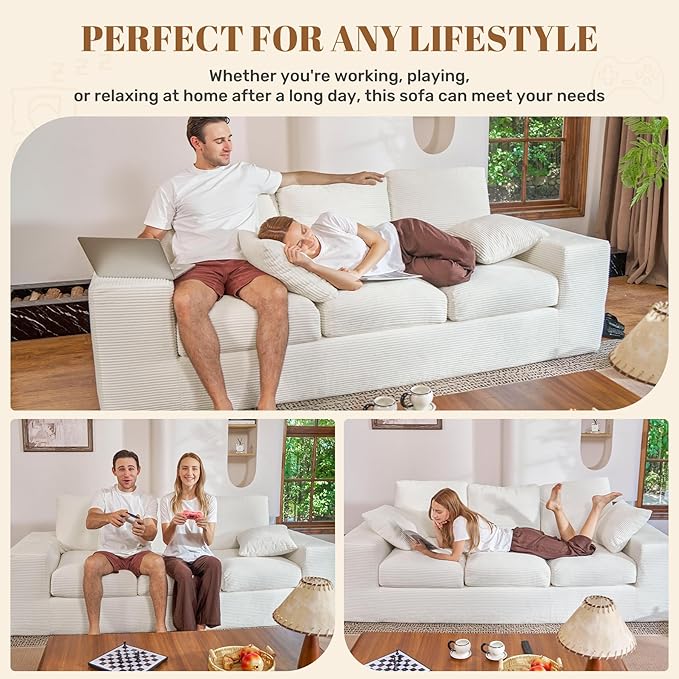 91.7" Boneless Sofa Couch with Layered Cushion,3 Seater Cloud Couch with Deep Seat,Upholstered Corduroy Floor Sofa with Removable Cover &Throw Pillows for Living Room,No Assembly, Beige