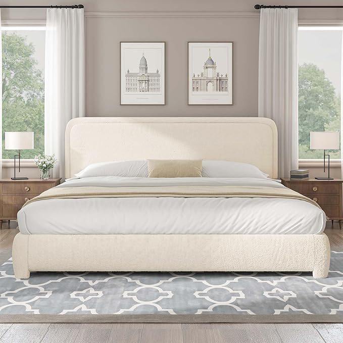 BarnFurin Boucle Upholstered Bed Frame King Size/Cloud Bed Frame/Soft Rounded Corners Headboard/Low Profile/No Box Spring Needed/Non-Slip and Noise-Free/Cream