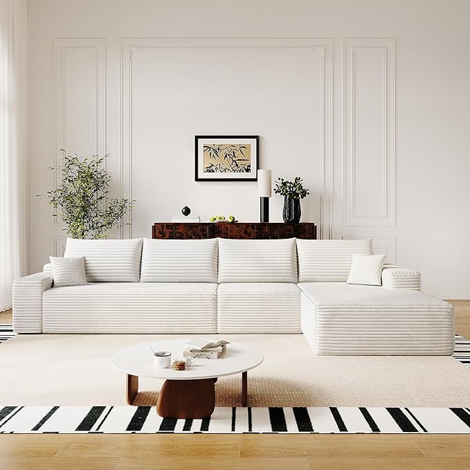 136" Sectional Couches for Living Room Cloud Couch Sofa with L-Shape Upholstered Boneless Couchs Modern Modular Sectional Couch with Chaise (White, 136" Right Facing Chaise+3Seaters)