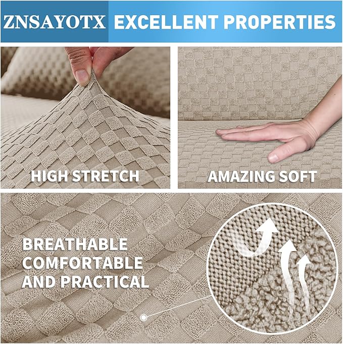 ZNSAYOTX Sectional Couch Covers, Stretch Jacquard Slipcovers with Elastic Bottom for L-Shape Sectional Sofa, 2 Pcs Pet Friendly Modular Sofa Protector (3 Seat Couch + 3 Seat Chaise, Khaki)