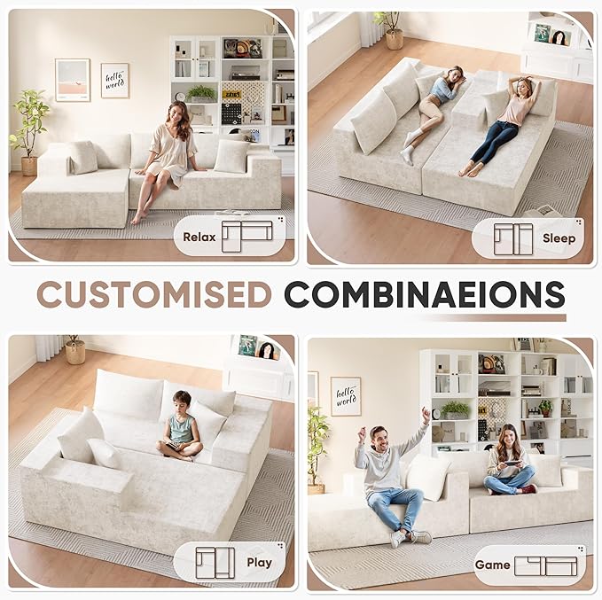 Homall 108" Modular Sectional Sofa, Boneless Couch with L-Shape Chaise, Cloud Couch with Deep Seat Upholstered, No Assembly Required for Living Room, Bedroom (Chenille, Beige)