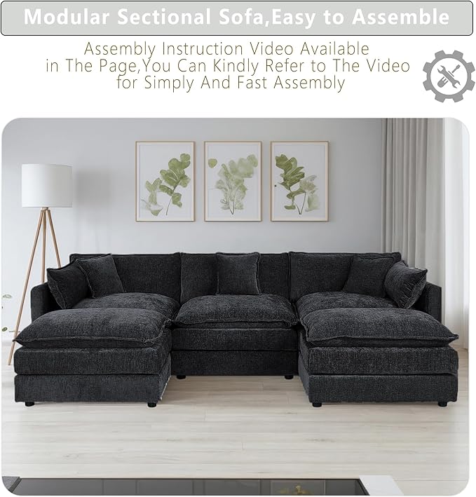 Setawix Deep 3 Seater Couch with Ottomans,112.2" U-Shaped Cloud Couches for Living Room,Chenille Cloud Sofa Couch with Deep Seat,Modular Sectional U Shape 3 Seat Sofa for Bedroom(Black, 3+2)