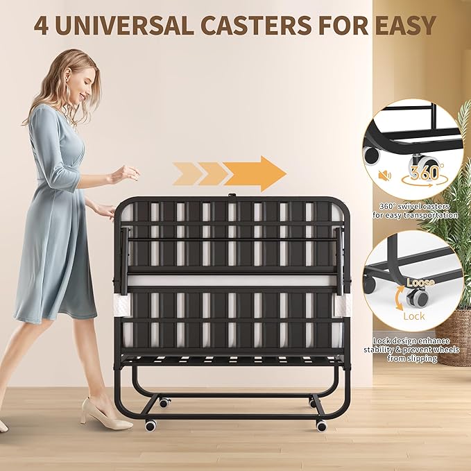 AQY Folding Bed with Mattress for Adults,75" x 46" Portable Rollaway Bed Guest on Wheels with Memory Mattress and Heavy Duty Sturdy Metal Frame,Foldable Bed for Adults,Guest, Twin Size,Cot Size