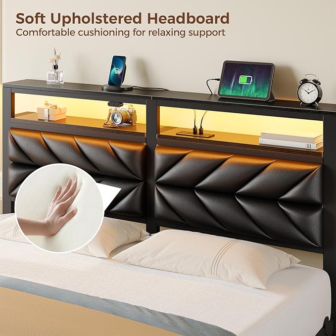 Seventable King Size Bed Frame with Charging Station & LED Lights, Upholstered Headboard with 2-Tier Storage Shelves, Metal Platform with Under Bed Storage, No Box Spring Needed, Easy Assembly, Black