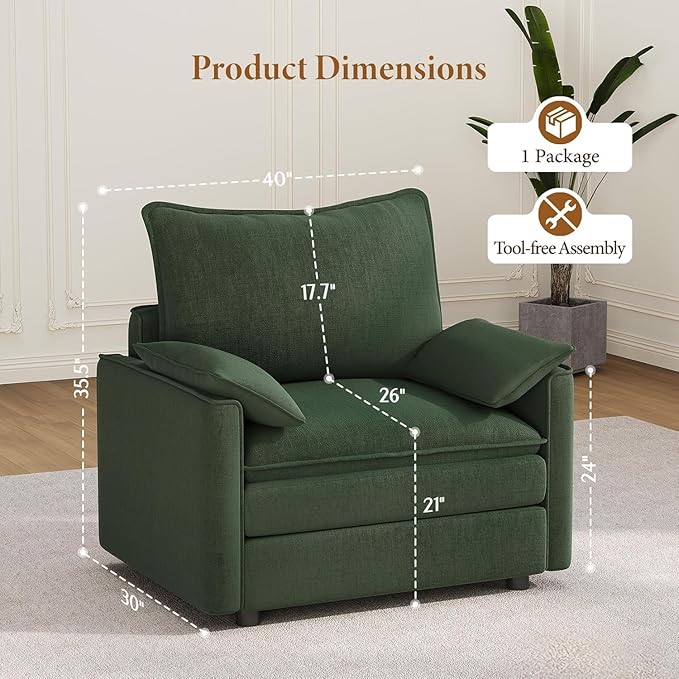 Vesgantti 40" Single Seat Sofa, Comfy Cloud Couch Deep Seat Upholstered Couch Chenille Modern Sofa with Armrest Pillows, Easy Assembly for Living Room, Bedroom and Apartment, Green