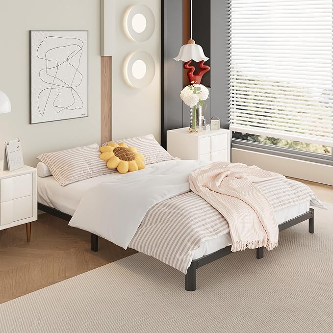 Yicensen 9 Inch Queen Bed Frame Rounded Corner Legs No Box Spring Needed, Heavy Duty Metal Queen Size Platform Bed Frame, Easy Assembly, Noise Free, Black