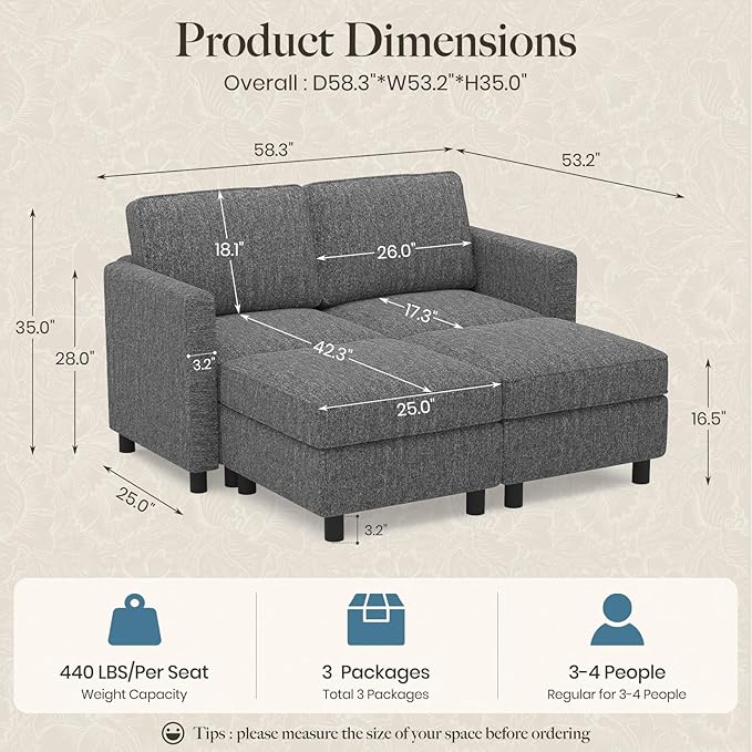 Belffin 58.3" Modular Sectional Sofa 4 Seats Sleeper Sofa Washable Sectional Couches for Living Room Comfy Couches with Storage Seat Couch Sofas with Chaise,Grey