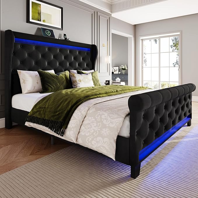 Belffin Queen Size Bed Frame with Headboard,50" Tall Headboard Upholstered Velvet Platform Bed with LED Lights & 2 USB Port/1 Type C Port, Button Tufted, No Box Spring Needed,Noise Free,Black