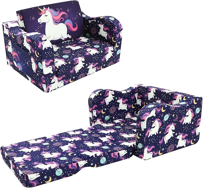 MeMoreCool Kids Folding Couch – Purple Unicorn Toddler Chair, Fold-Out 2-in-1 Sofa Bed Comfy Foam Seating, Washable Cover, Armrests & Side Pocket for Playroom or Nursery Ages 1–3