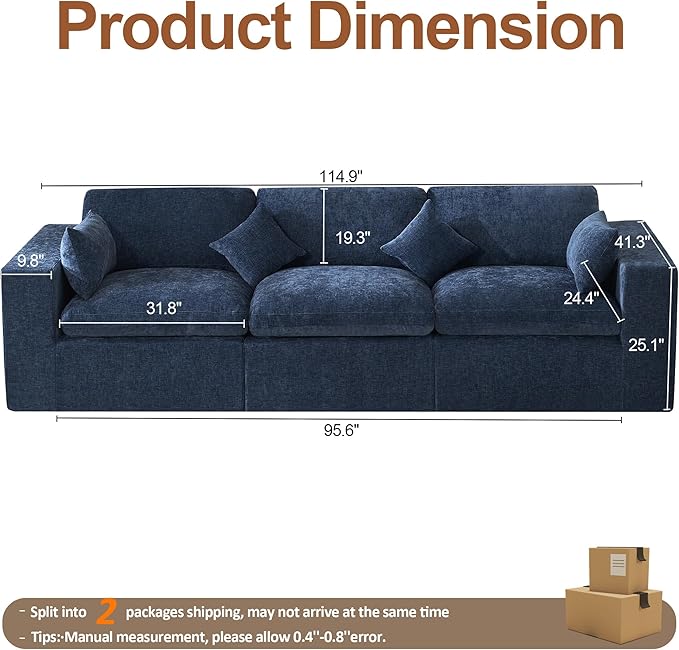 115''Cloud Boneless Sectional Couch, Modular Sectional Sofa Deep Seat, Oversized Upholstered Convertible Comfy 3 Seater Chenille Memory Foam Sofa Couches for Living Room, Navy