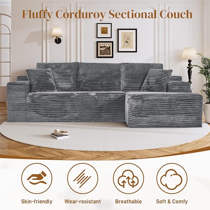 108" L Shaped Boneless Sectional Couches for Living Room, Comfy Corduroy Floor Cloud Sofa with Chaise, Wide Armrest, Deep Seat, Memory Foam, Assembly Free, Ideal for Small Spaces, Grey