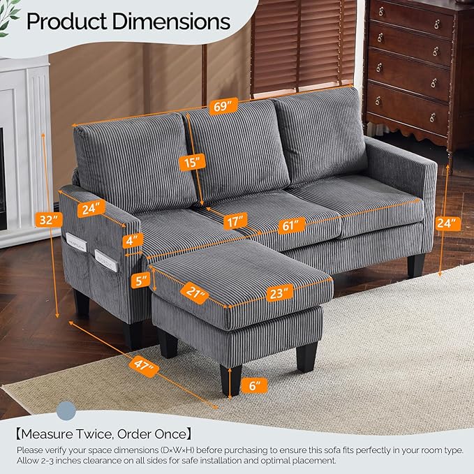 VINGLI 68.5' L Shaped Couch with Removable Storage Ottoman, Convertible Sectional Sofa in Corduroy Fabric, Modern Reversible Chaise Couch for Small Spaces, Apartment, Living Room，Grey