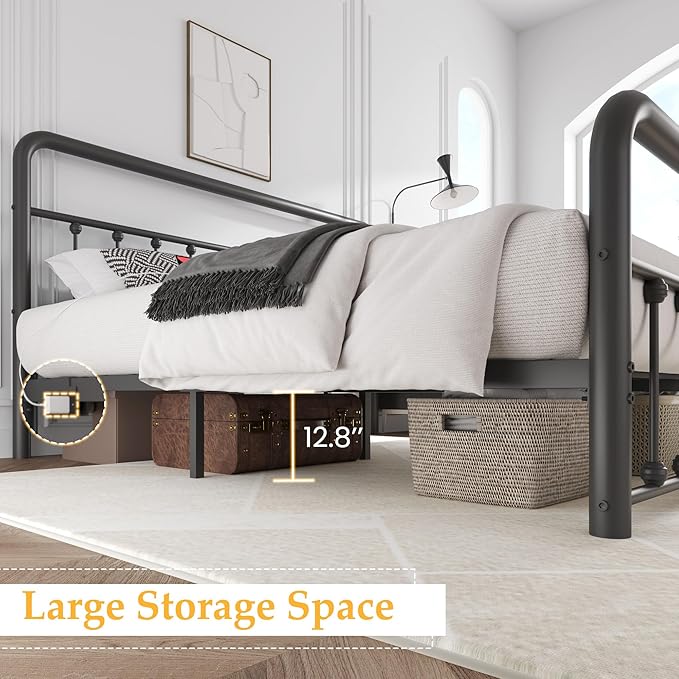 Fluest 14 Inch King Bed Frame Classic Metal Platform Bed Frame with Charging Station & LED, Victorian Style Iron-Art Headboard/Footboard, Under Bed Storage, No Box Spring Needed, Noise Free