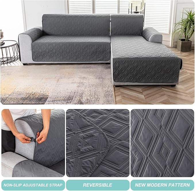 Genina Sectional Couch Covers for Dogs L Shaped Sofa Covers Chaise Lounge Cover Reversible Couch Covers for Sectional Sofa L Shape Furniture Protectors Cover for Pets, Kids (Dark Grey, Sofa Large)