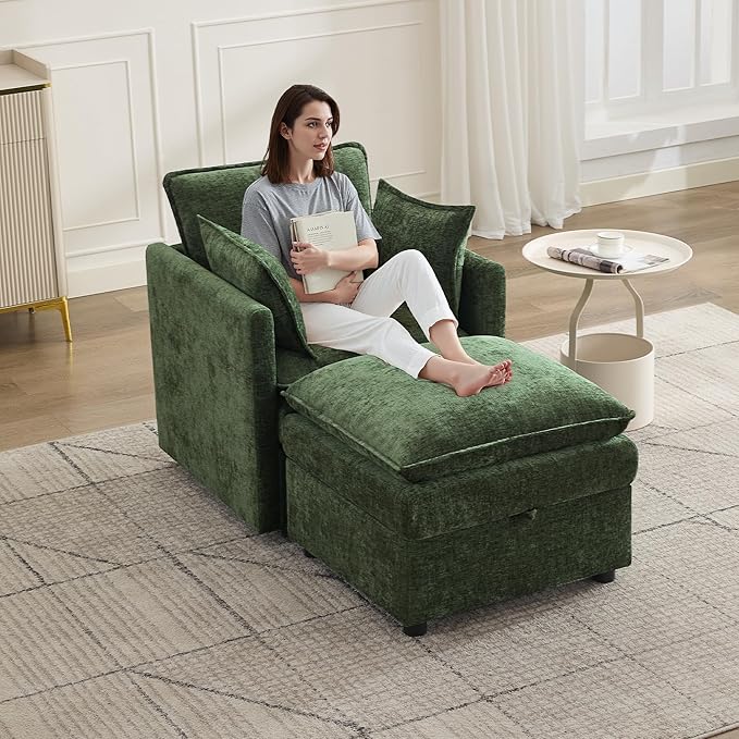 30" Cloud Modular Single Sofa Chair with Storage Ottoman, Modern Upholstered Accent Chair with Storage, Chenille Reading Lounge Armchair for Living Room, Bedroom, Small Space, Green