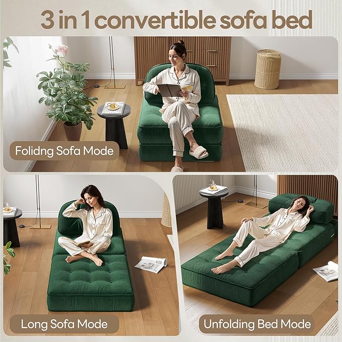 Dowinx Folding Sofa Bed with Pillow, Convertible Comfy Couch Bed for Adults Home Lounge and Gaming, Modern Comfortable Design for Apartment Living Room Bedroom, Single, Ribbed Velvet, Green
