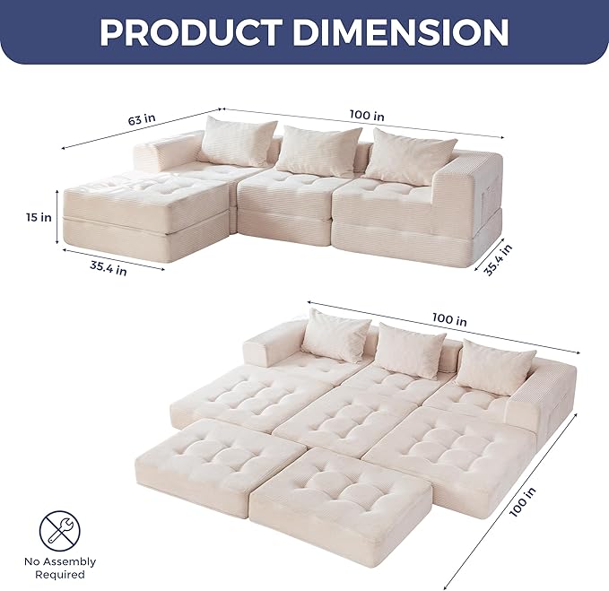 MAXYOYO Modular Sectional Sofa Couch, Foldable L-Shaped Folding Sofa Bed with Ottoman, Convertible Sectional Couch Corded Tufted Floor Sofa Lounger with Pillows for Living Room, No Assembly, Beige