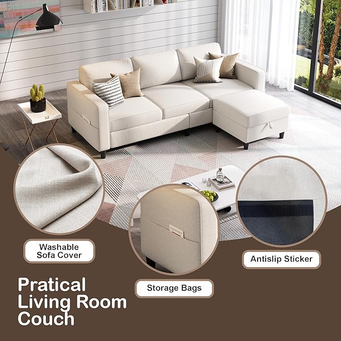 Sectional Sofas Couches for Living Room 78" L-Shaped Couch - Modern Linen Beige Sofa with Storage Ottoman USB for Apartments, Studios & Home Offices, Small Space