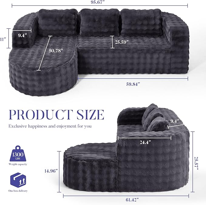 Hobestluk 96" Cloud Sectional Couch Modern Boneless Couch 3 Seater with Oversized Chaise L Shaped Modular Sofa Couches for Living Room Apartment No Assembly Required (Bubble Grey, Left Facing Chaise)