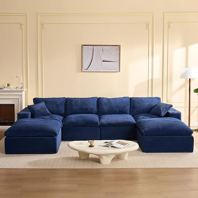137.8” Sectional Couches for Living Room, Set of Cloud Couch, Modular Sectional Sofa, Convertible Sofas Bed, Deep Seat Sofa, U Shaped Cozy Sofa Furniture Set, Corduroy,Blue