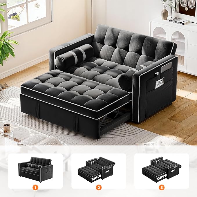 Pipishell 3 in 1 Sleeper Sofa Bed, Pull Out Couch for Living Room with USB Ports & Side Pockets, Adjustable Backrest, Convertible Loveseat Sofa Bed, Futon Couches, Charcoal Black Velvet