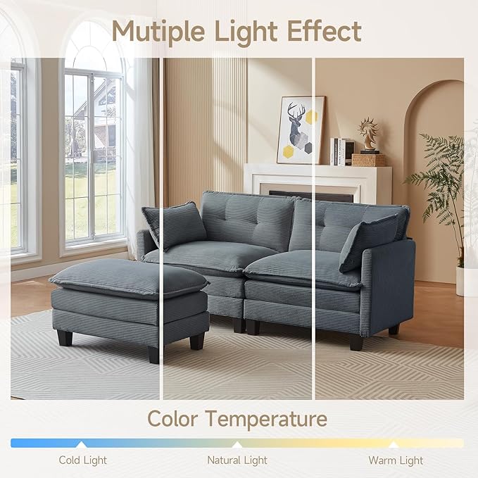 Modular Sectional Sofa, 76.5" L-Shaped Corduroy Comfy Sectional Couches for Living Room, 2-Seater Cloud Couches with 1 Movable Ottoman, Flexible Combination Modern Deep Seat Sofa (Grey)