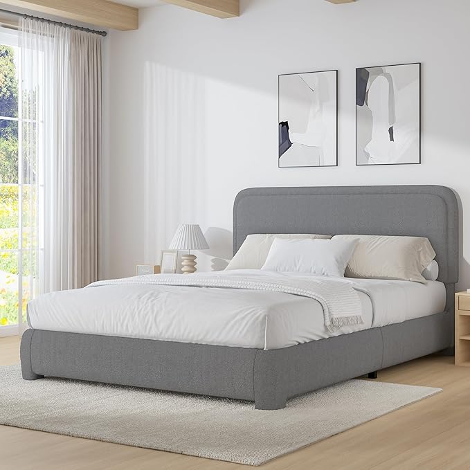 BarnFurin Queen Size Boucle Bed Frame with Headboard, Upholstered Platform Bed with Wood Slats, Soft Rounded Corners, No Box Spring Required, Non-Slip and Noise-Free, Easy Assembly, Light Grey