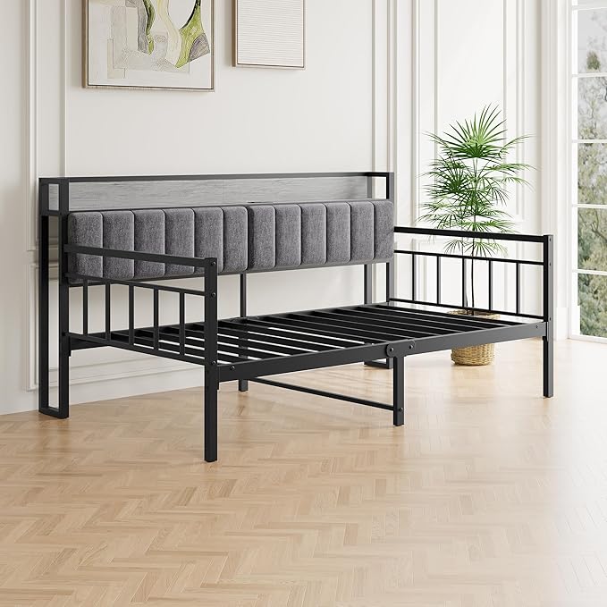 BOFENG Metal Daybed Frame Twin Size with Charging Station,Metal Twin Bed Frame with Upholstered Headboard with Strong Steel Slats for Living Room,Bedroom and Guest Room