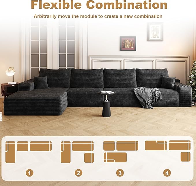 136" Sectional Couches for Living Room Cloud Couch Sofa with L-Shape Upholstered Boneless Couchs Modern Modular Sectional Couch with Chaise (Black, 136" Left Facing Chaise+3Seaters)