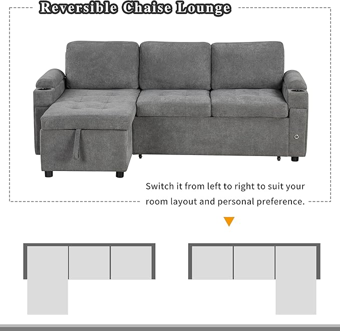 Harper & Bright Designs 83.5" L-Shaped Sofa Couch Convertible Sofa Bed Sectional Sofa with Ample Storage Space, Two Cup Holders and Two USB Ports for Living Room, Gray