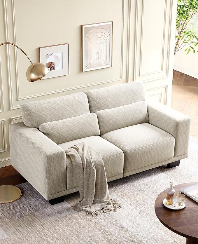 Amada 65" Loveseat Sofa, 2 Seater Couch Sofa for Living Room, Modern Sofa with Wide Armrests & Deep Seats, Comfy Couch with Removable Washable Covers & Linen Fabric, Easy Assembly (White, 2 Seater)