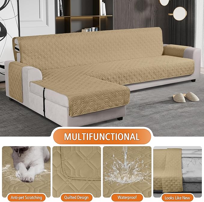 VANSOFY Upgraded Sectional Couch Covers 100% Waterproof L Shaped Sofa Slipcover Reversible Chaise Lounge Cover for Sectional Sofa Furniture Protector Cover for Pets Dog Cat(X-Large, Sand)