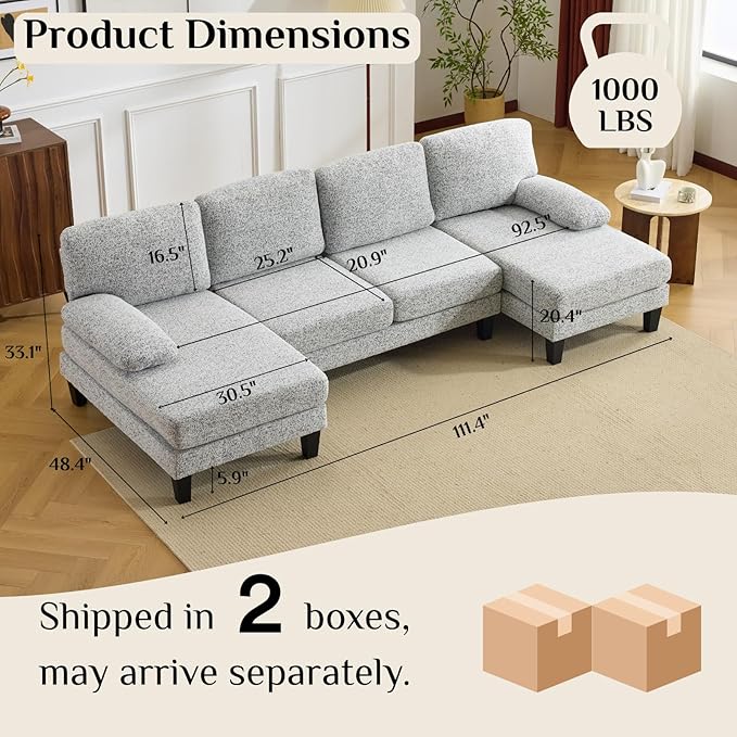 Karl home 110" U-Shape Sectional Couches for Living Room Chenille Upholstery 4 Seat Sofa Set with Double Chaises & Wood Grain Legs for Apartment, White & Grey