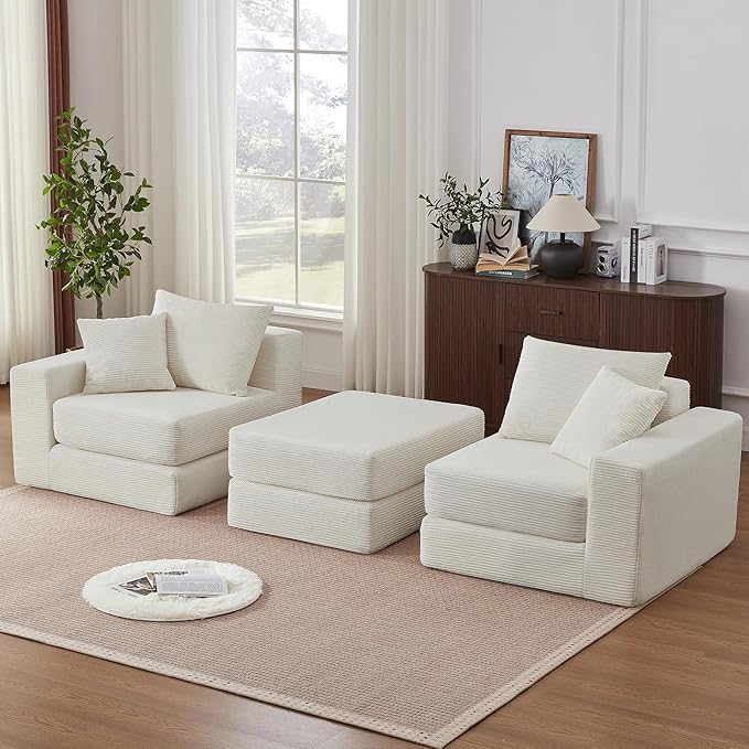 Modular Loveseat L Shaped Sofa,Boneless Cloud Couch with Ottoman (Beige White) | Freely Combination, No Assemble Required, Modular Design, Breathable Fabric, Convertible to Bed, Futon Bed