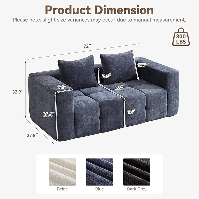 72" Loveseat Boneless Couch, Cloud Sectional Couch with Deep Seat, High-Density Memory Foam and Chaise, Love Seat Sofa, Boneless Couches for Living Room, No Assembly Required Tufted Sofa, Blue