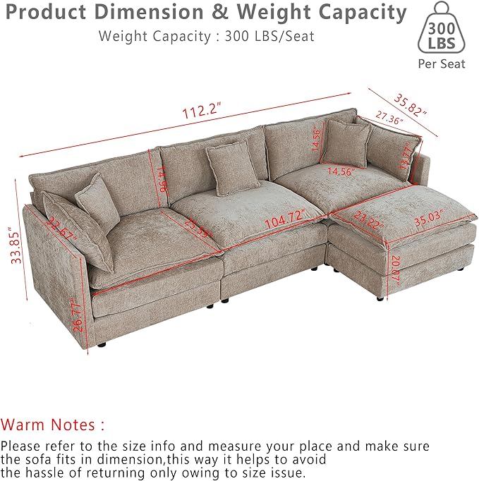 Setawix Deep 3 Seater Couch with Ottoman,112.2" L-Shaped Cloud Couches for Living Room,Chenille Cloud Sofa Couch with Deep Seat,Modular Sectional L Shape 3 Seat Sofa for Bedroom (Coffee, 3+1)