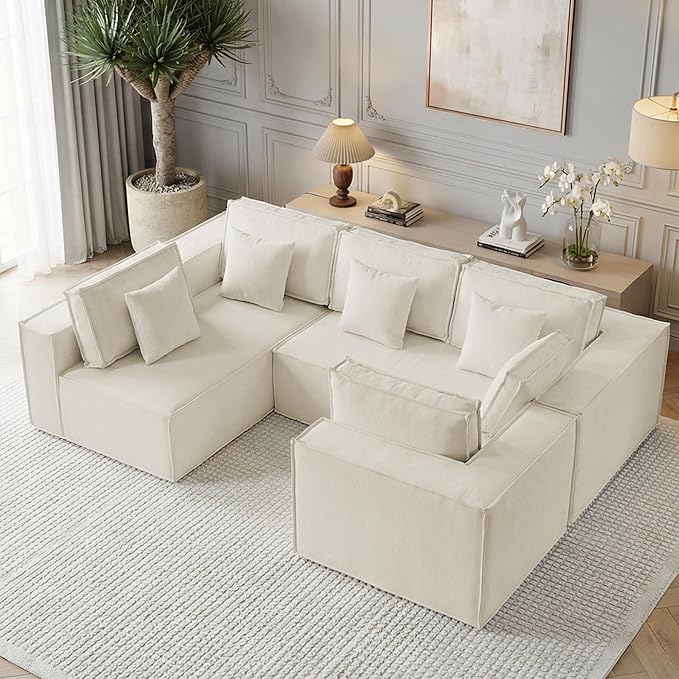 108'' Boneless Chenille U Shaped Couch, Oversized Modular Sectional 5 Seater Sofa, Modern Deep Seat Corner Cloud Compressed Couch, No Assembly Sleeper Sofa with Chaise for Living Room, Beige