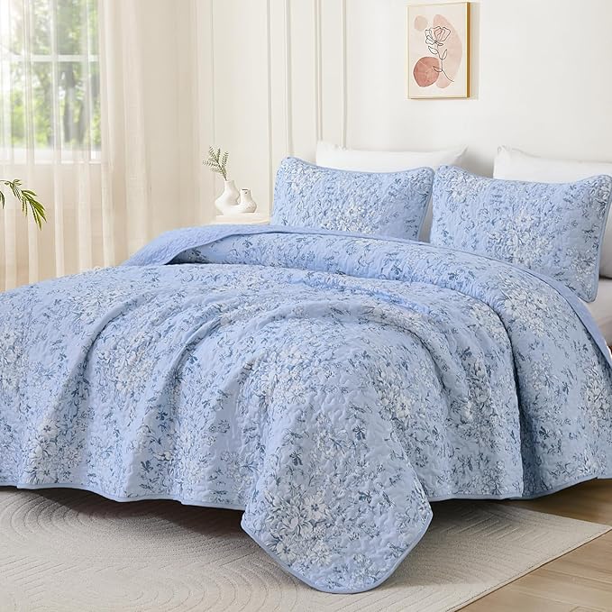 WONGS BEDDING Quilt King Size, Blue Quilt Bedding Set with 2 Pillowcases, Botanical Quilt for King Bed, Soft Microfiber Lightweight Coverlet Bedspread for All Season (110"×90", 3 Pieces)