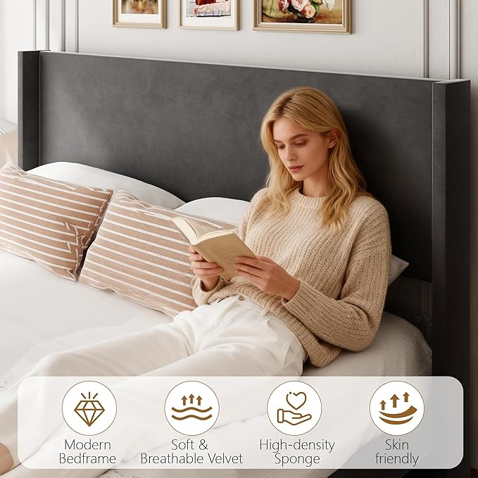 Sismplly King Bed Frame with Wingback Headboard, Velvet Upholstered Platform Bed with Wooden Slats, 6.46“ Under Bed Storage, Metal Support, Noise Free, No Box Spring Needed, Gray