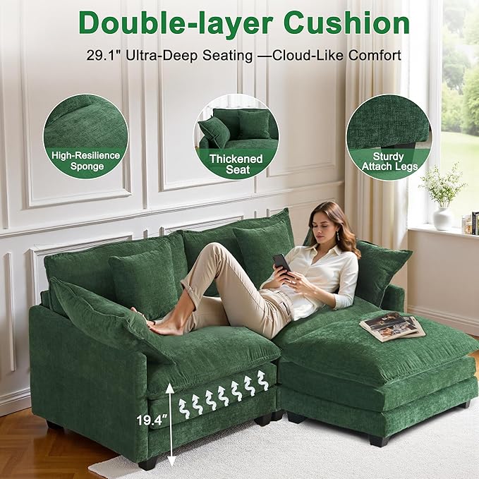 Cloud Chenille L-Shaped Sofa with Ottoman, 77" Space Saving Sectional Loveseat with Chaise, Couch for Small Spaces, Easy Assembly, 1YR Warranty