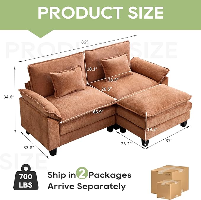 86" Modular Sectional Sofa, Comfy Cloud Couch Sectional Sofa with Ottoman, Chenille Sofa Sleeper Deep Seat Sofa with Throw Pillows for Living Room (Orange, 86"- L Shape)